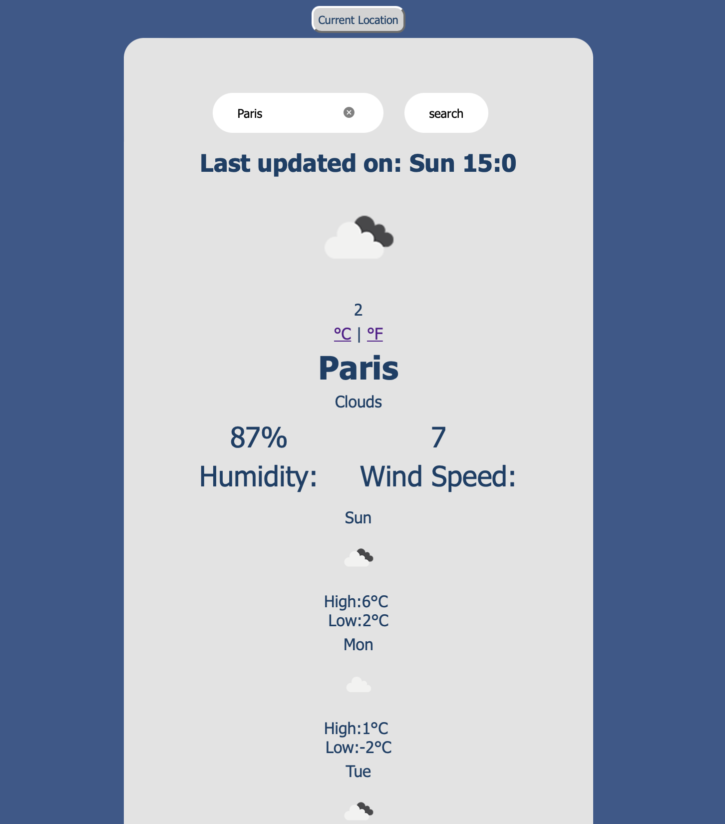 A screenshot of a weather clock app to display any city.